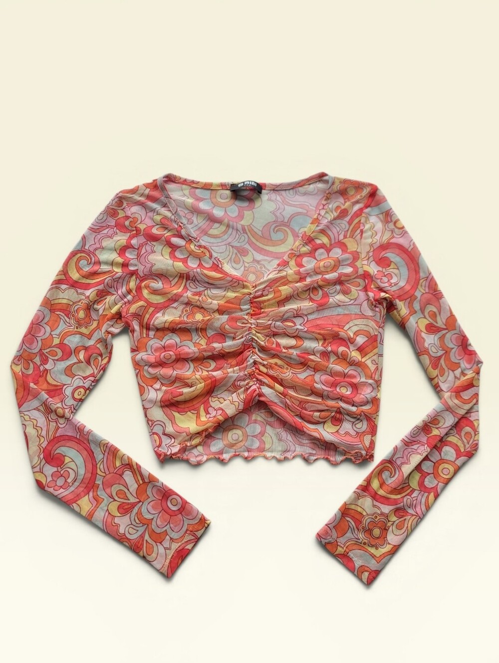 70s Floral Swirl Print Mesh Long Sleeve Shirt Gathered Ruched Crop Top Sz Medium